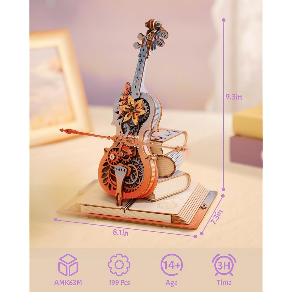 ROKR 3D 퍼즐, 나무 음악 상자-첼로, 모델 키트, DIY 빌딩 세트, 여성 남성을 위한 생일 선물 취미 - 상세 이미지 2