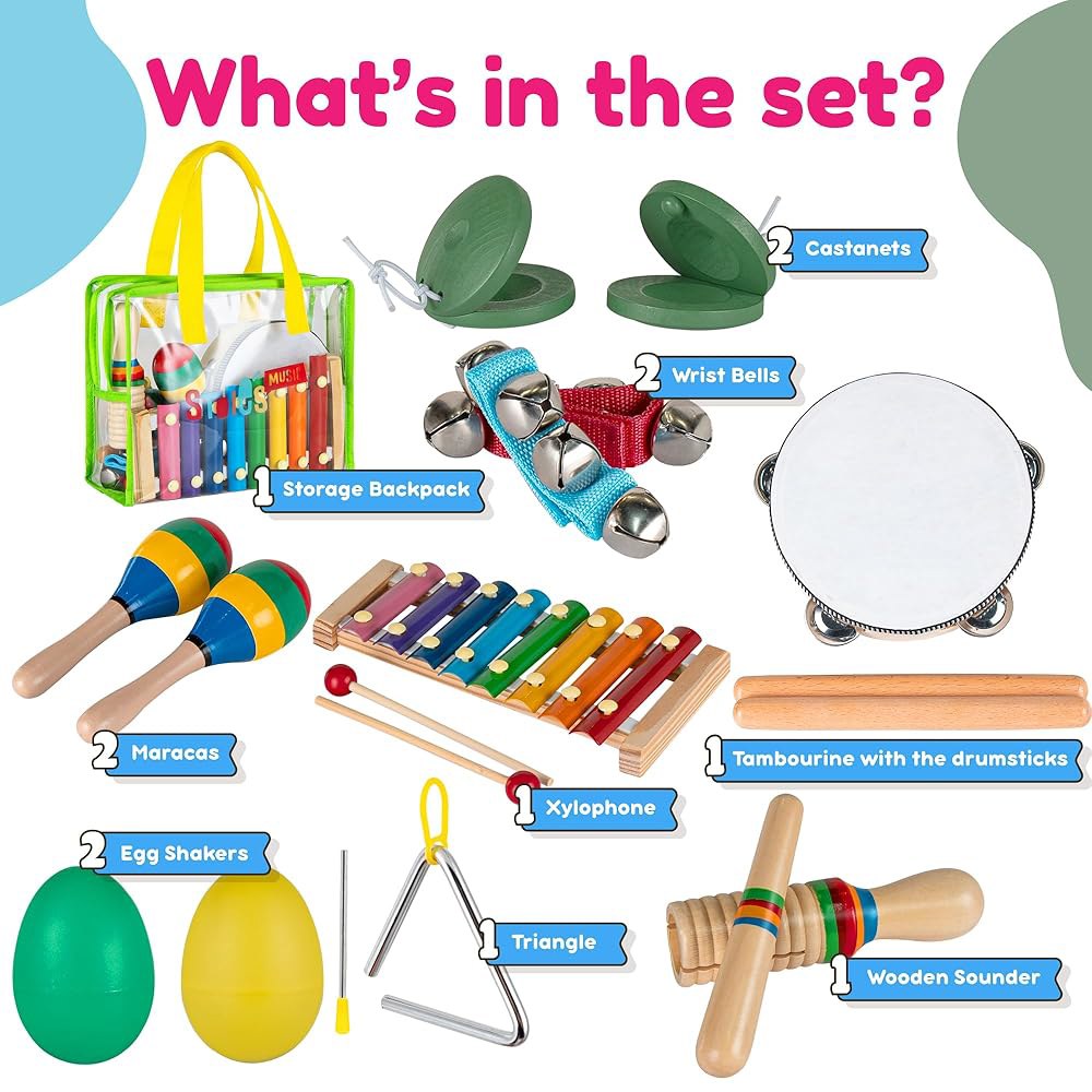 스토이 악기 세트 u2013 용 나무 타악기, 실로폰, 탬버린, 마라카스, 음악 장난감, Wood Green bag set - 상세 이미지 2