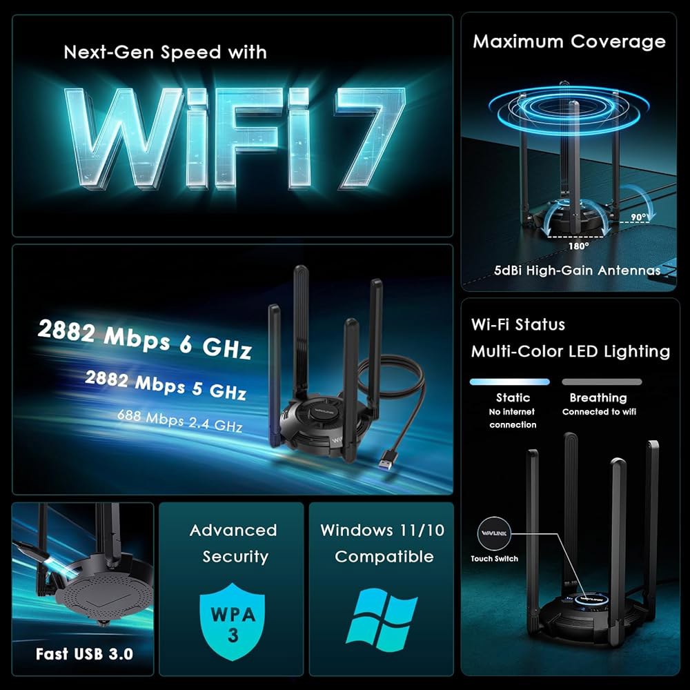 데스크톱 PC용 USB WiFi 어댑터, 2.4GHz / 5GHz 6GHz, 4x5dBi 고이득 안테나, 멀티컬러 상태 LED, WPA3, MLO, OFDMA, 4K-QAM을 지원 - 상세 이미지 2