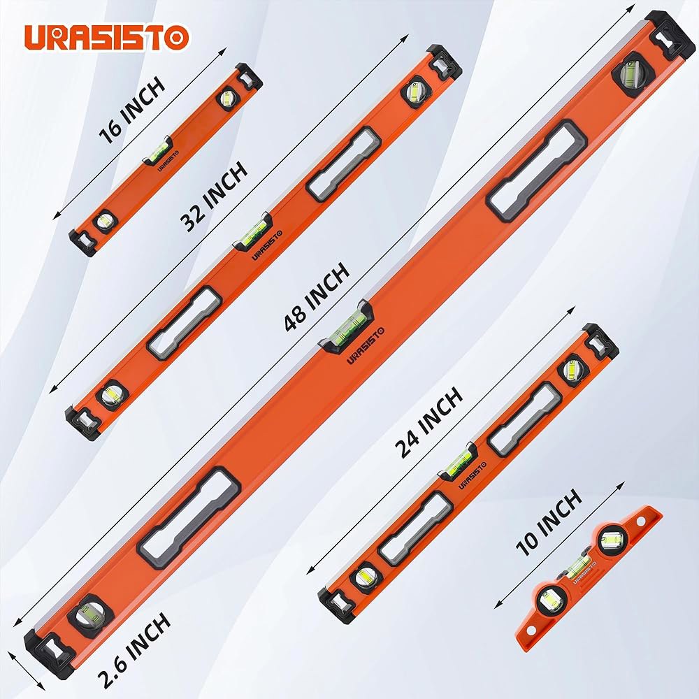 URASISTO 5피스 스피릿 레벨 세트, 10 , 16 , 24 , 32 , 48 , 자기 어뢰 45 / 90 180 기포 측정, 알루미늄 합금 및 휴대용 가방 포함 - 상세 이미지 2