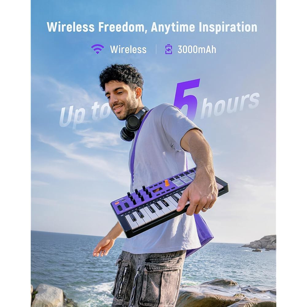Synido Wireless 25 키 USB MIDI 키보드 컨트롤러 충전식, 8 개의 드럼 패드, OLED 화면, 입력/출력/쓰루, 음악 제작을 위한 프로페셔널 BT 비트 메이커 - 상세 이미지 2