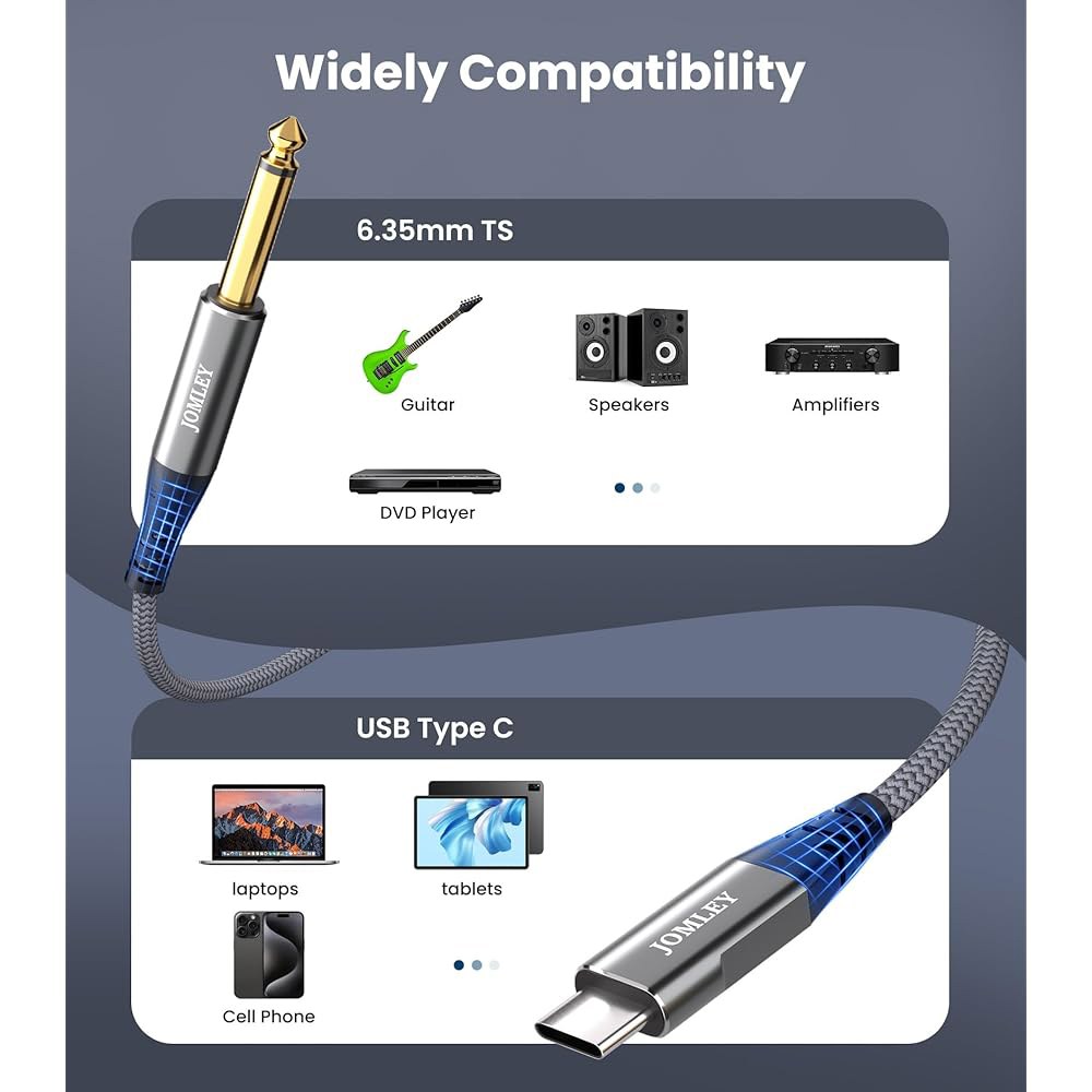 JOMLEY USB C에서 6.35mm TS 오디오 케이블 3.3피트, 타입 1/4인치 모노 베이스 / 기타 녹음 케이블, 노트북 태블릿 스마트폰, C 포트 지원 1m/3.3ft - 상세 이미지 3