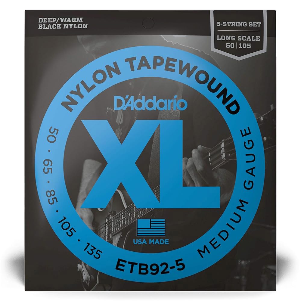 다다시오 베이스 기타 줄, 테이프 감긴 블랙 나일론, ETB92-5, 롱 스케일, 미디엄 게이지 50-135, 5현 세트, 1팩 - 상세 이미지 2