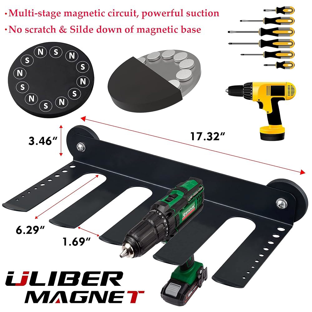 ULERMAGNET 자석 전동 공구 정리함, 드라이버 홀더가 있는 유틸리티 보관 선반, 월 마운트 헤비 듀티 무선 드릴 홀더, 차고에 적합한 탈착식 작업장 - 상세 이미지 3