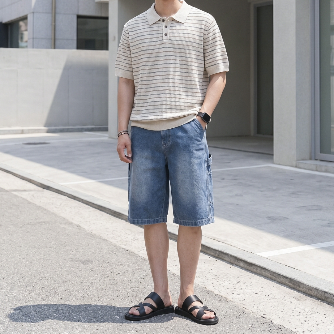 남자 에덴 스트라이프 반팔 카라 니트 이미지 6