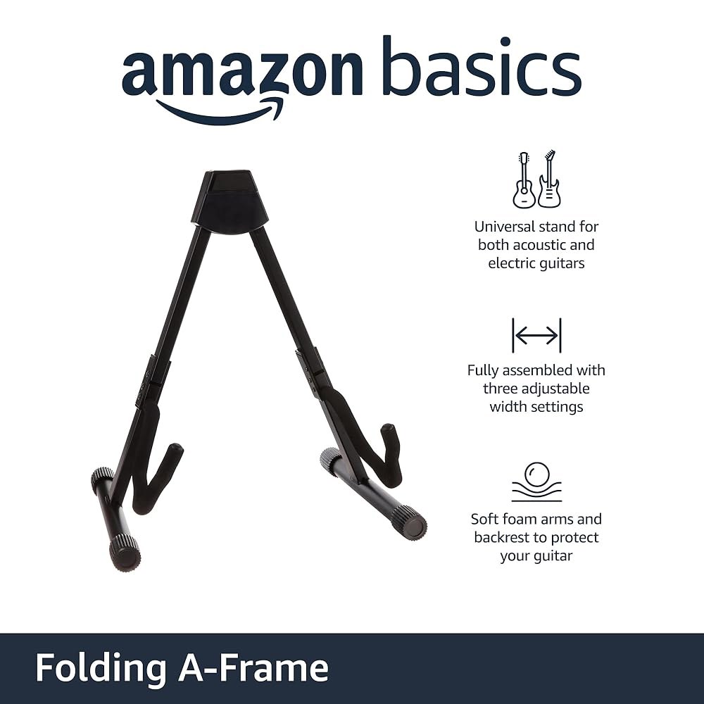 전기 및 어쿠스틱 기타를 위한 Amazon Basics 휴대용 조절식 접이식 기타 스탠드, A자형, 패딩 폼으로 완전히 조립된 블랙, 8.66 x 15.16 3.74 인치 - 상세 이미지 3