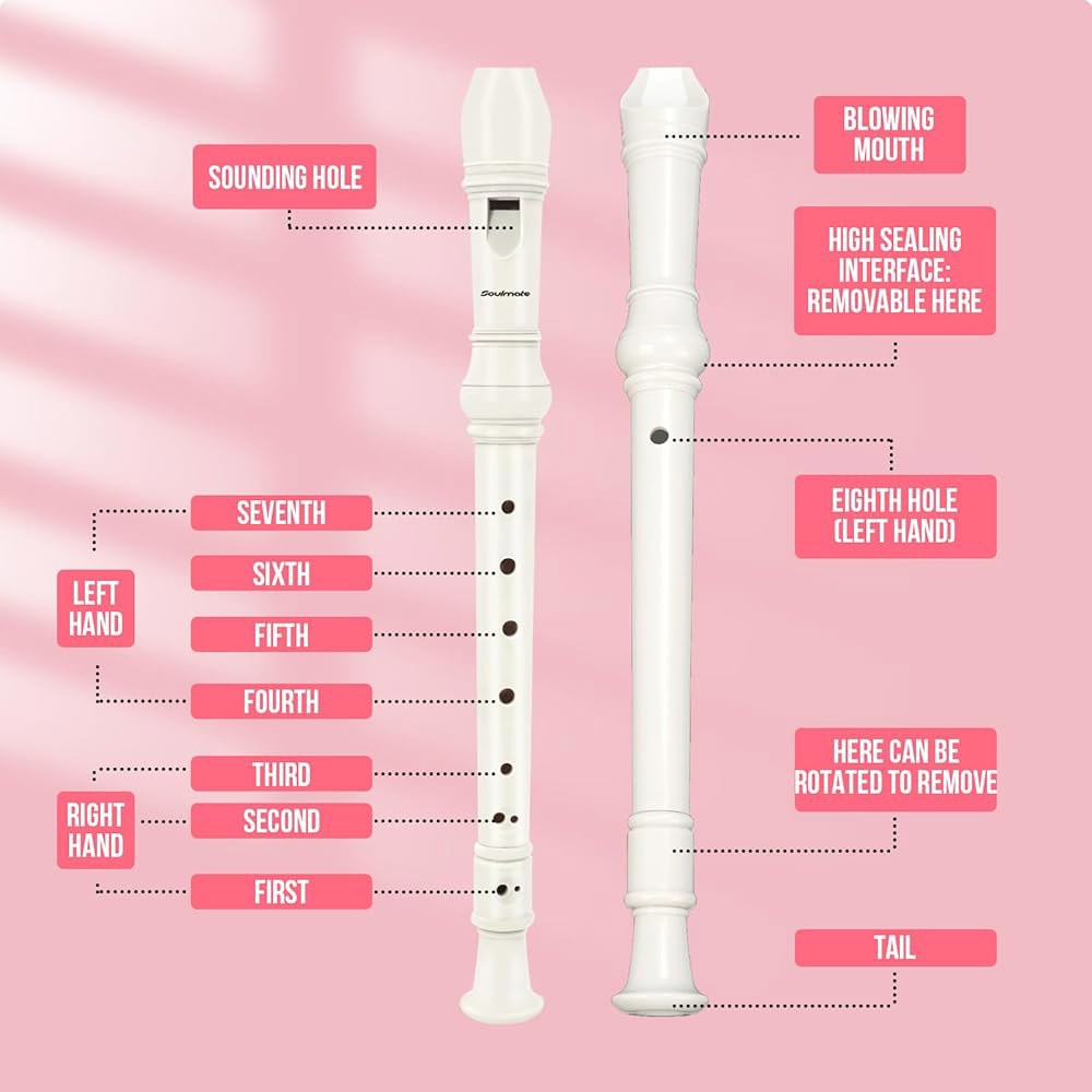 초보자를 위한 소울메이트 레코더 악기 독일 스타일 C 키 소프라노 8홀 3피스 ABS 하강 레코더, 청소 키트, 포장 가방(흰색) White - 상세 이미지 2