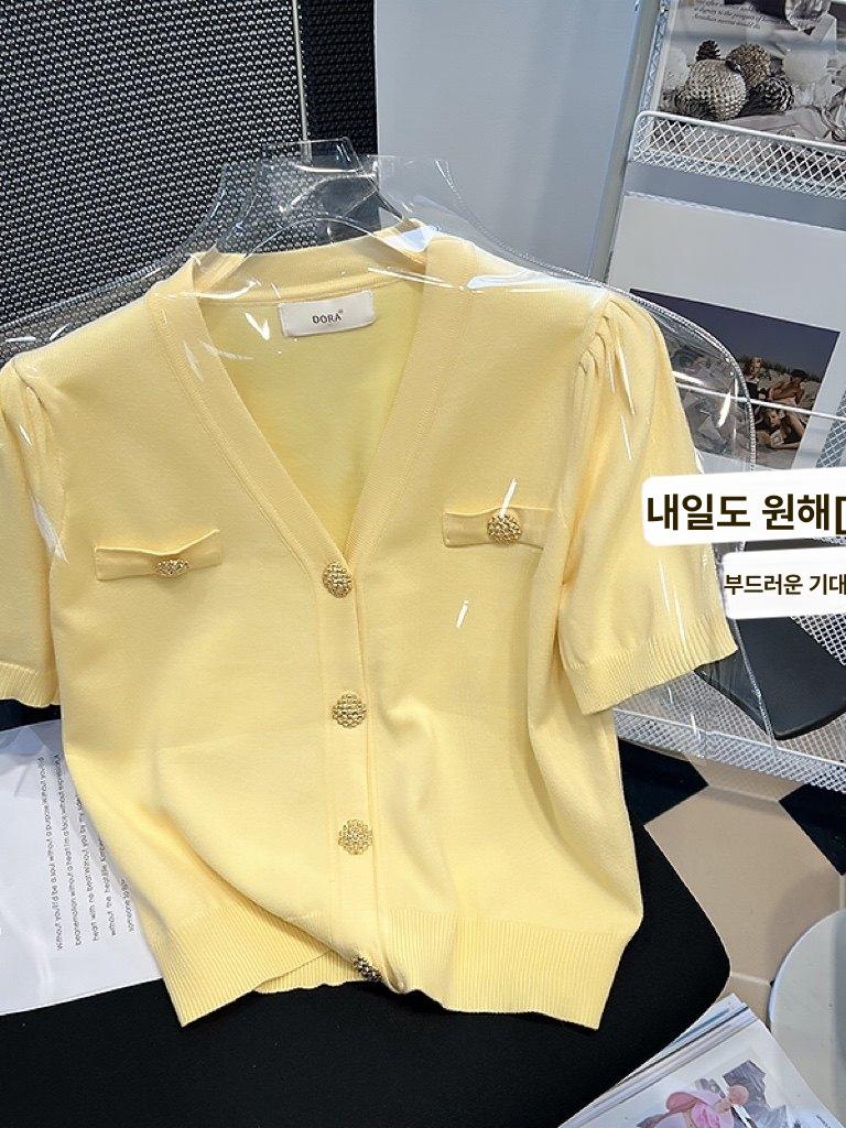 여름 노란색 출근 가디건 브이넥 단추 니트 빅사이즈 상의 모임 데일리 스타일 반팔 정장 - 상품 이미지