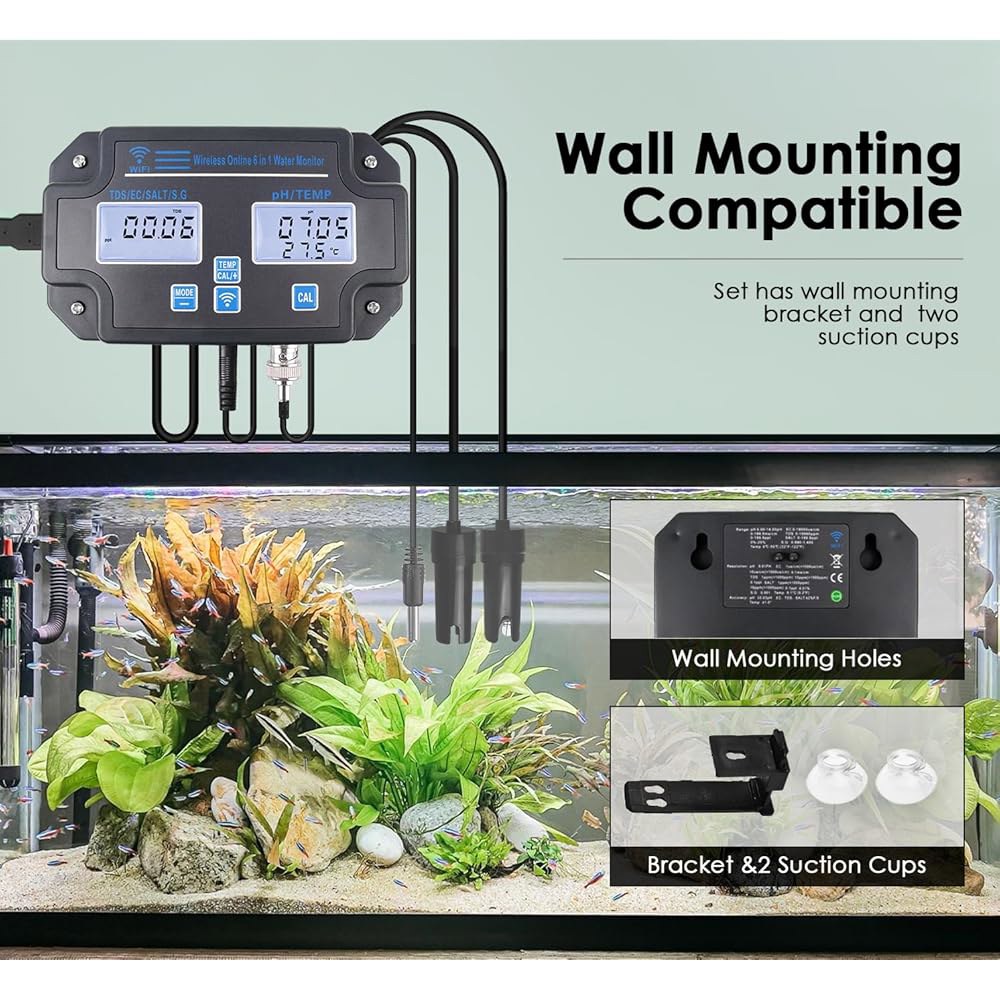 스마트 수질 검사기 6-in-1 pH /EC /TDS / 염도 /S.G 및 온도계(Wi-Fi 연속 모니터 벽걸이 워터 미터, ATC 수족관, 수경 재배를 위한 간편한 보정 기능 - 상세 이미지 3