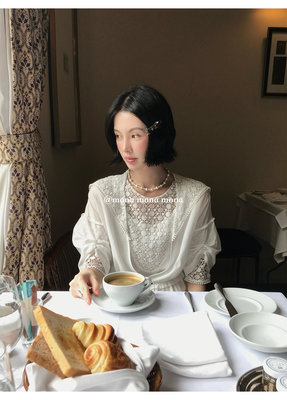 Mona 레이스 자수 여성 롱원피스 린넨 화이트 봄 여름 원피스 - 상세 이미지 2