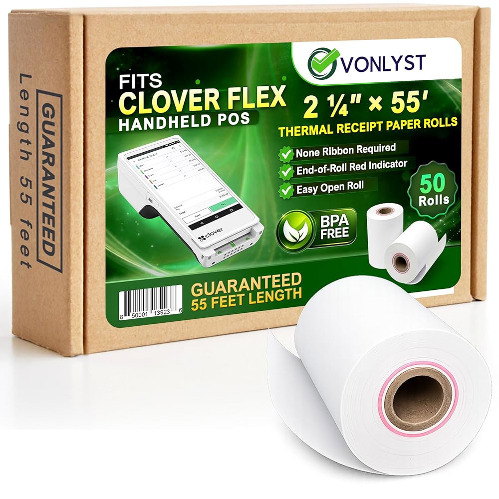 Vonest Clover Flex 종이 롤 2 1/4 x 55 u2019 열 수신 u2013 50 팩 - BPA 무료 POS 프린터 및 신용카드 기계 호환 C400 C401 C40 - 상품 이미지