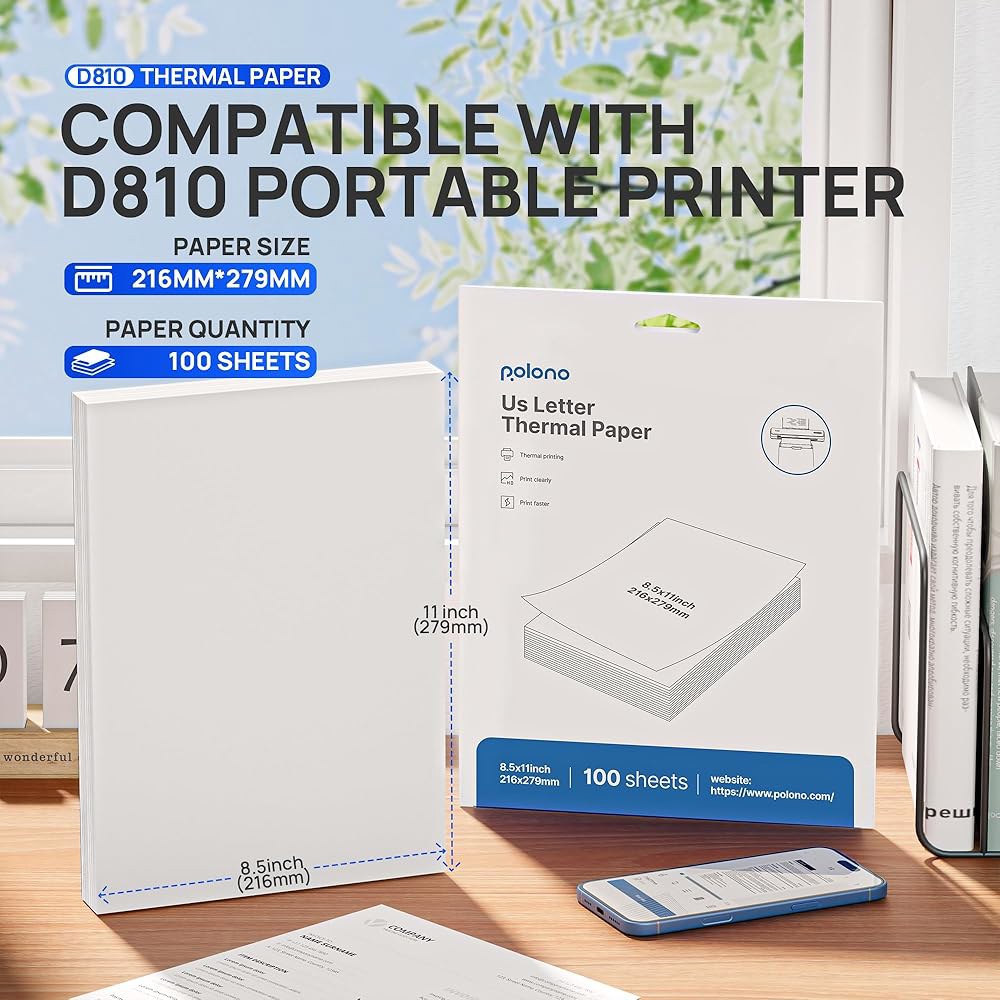 폴로노 D810 열 프린터 용지 8.5 x 11 인치, 고급 인쇄, D810과 호환되는 미국 글자 크기 종이, 8.5 11 , 1 팩, 100 장의 시트 - 상세 이미지 2