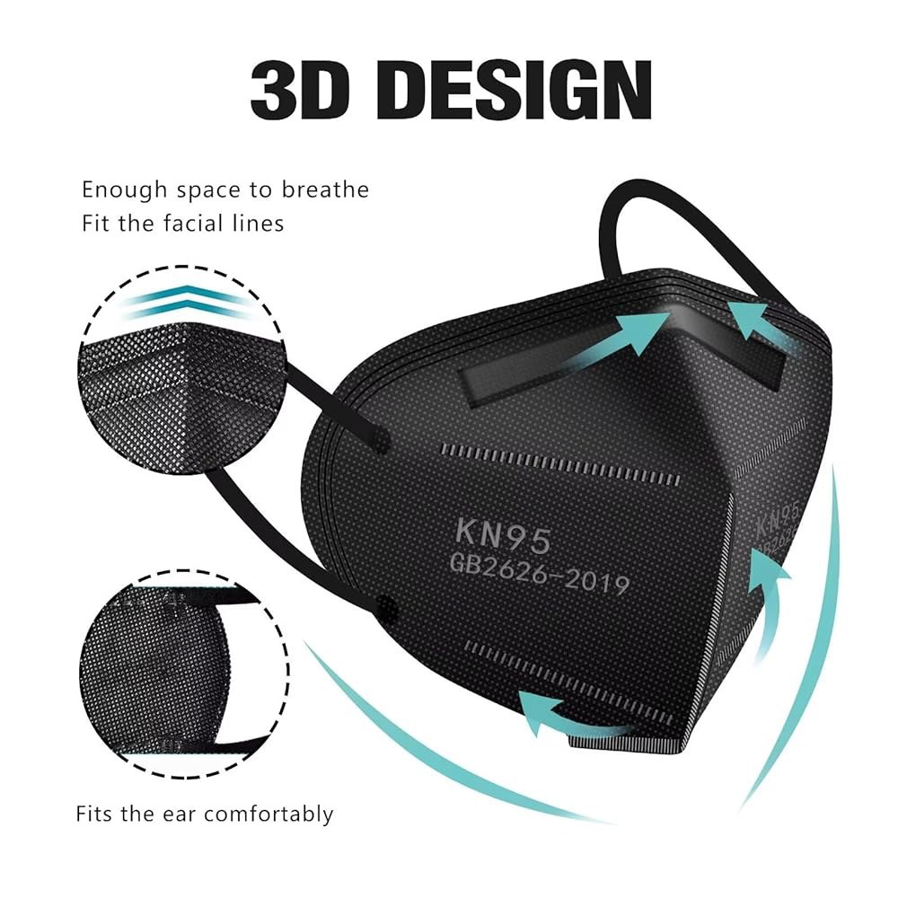 LEMENT 50pcs KN95 페이스 마스크 블랙 5겹 컵 먼지 안전 필터 효율 95 통기성 탄성 이어 루프 Black - 상세 이미지 3