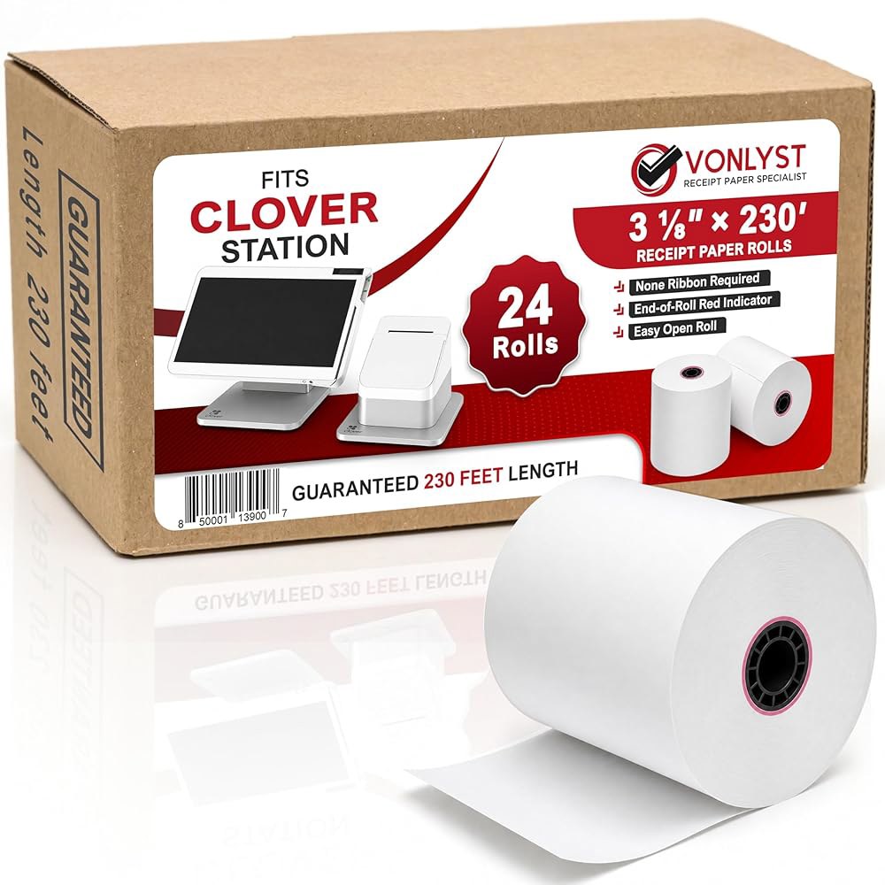 Vonest Clover 스테이션 영수증 용지 롤 3 1/8 x 230 (24팩) u2013 클로버 및 듀오 C505용 보온 용지, 호환 가능한 P100 P500 P550 BPA - 상품 이미지