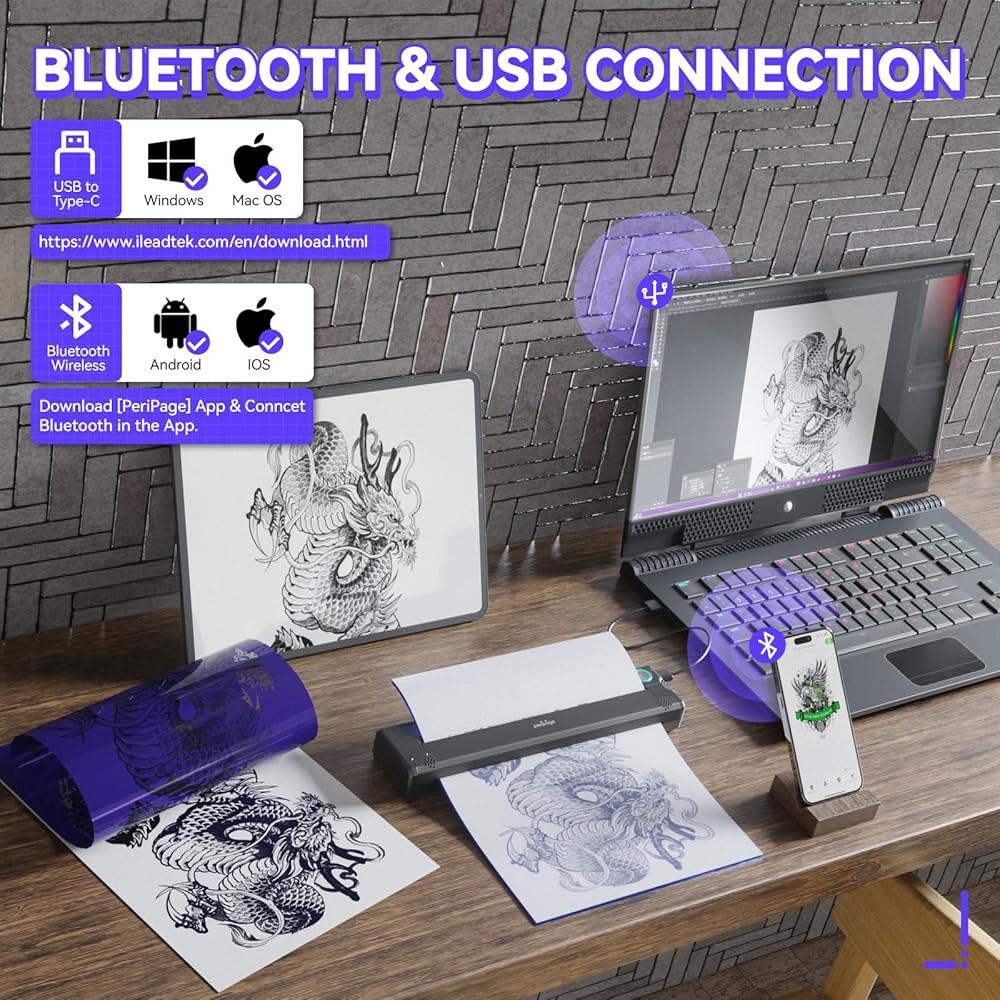 PeriPage P90 무선 타투 스텐실 프린터 - 블루투스 및 스마트폰/PC용 USB, 5개의 무료 용지 USB-C 케이블 포함, 전문가 초보자 친화적인 휴대용 - 상세 이미지 2