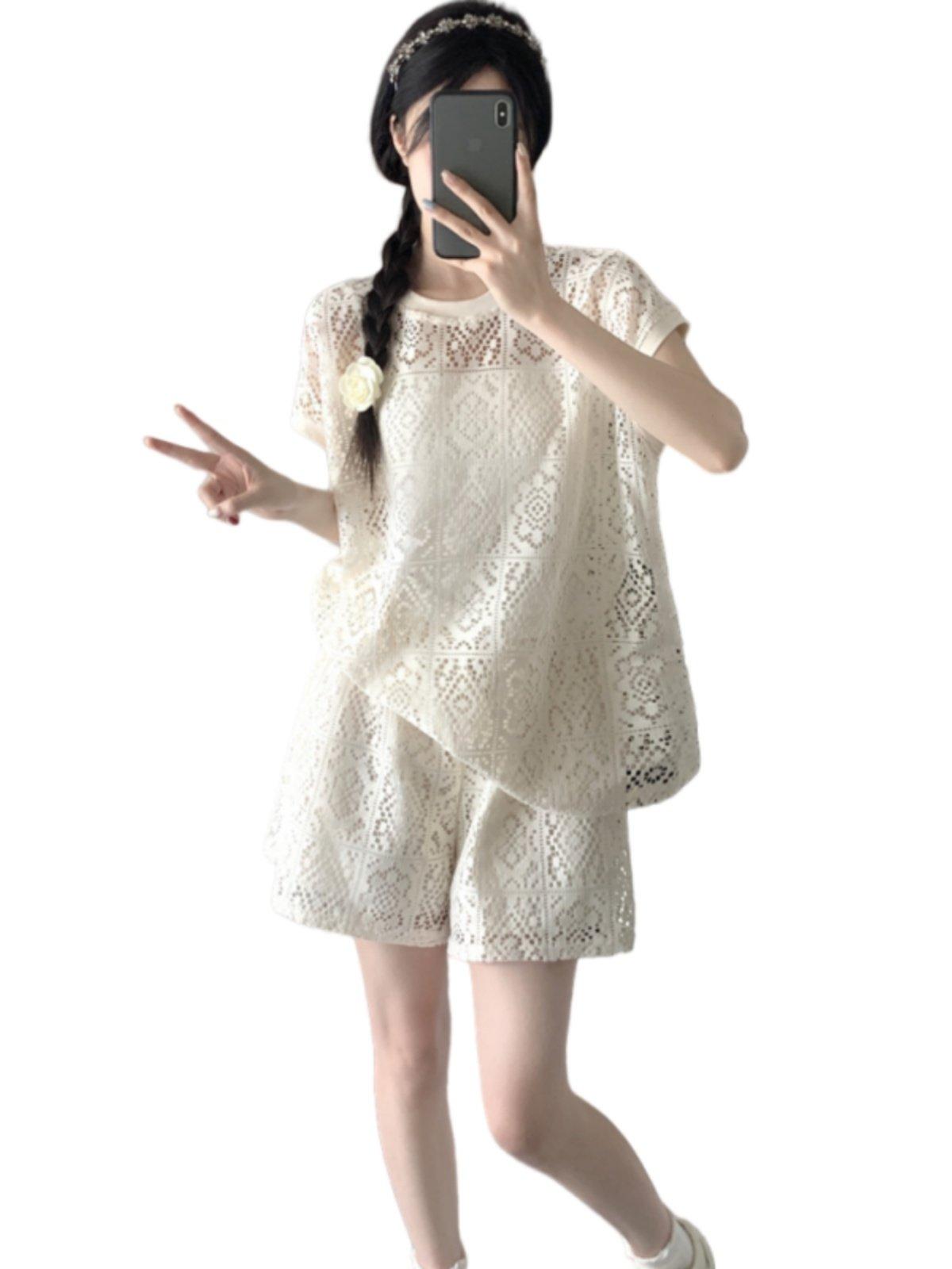 셋업 여름 코디세트 펀칭 레이스 반팔티 상하의 - 상세 이미지 5