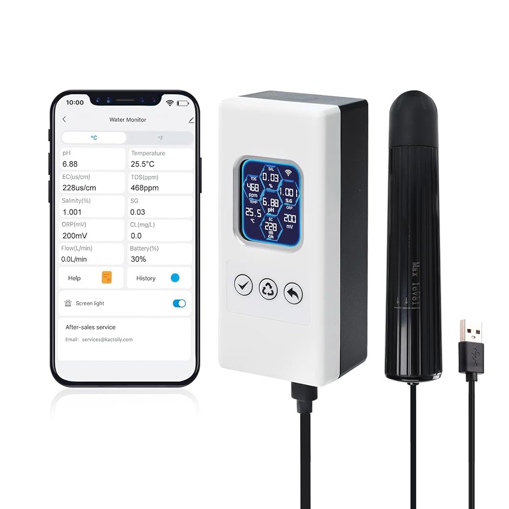 스마트 수질 검사기 무선 WiFi 다중 매개변수 측정기(pH / ORP TDS EC 염도 SG Temp 모니터링, 수족관, 염수 나노 어항용 앱 연결을 통한 실시간 알림 제공) - 상품 이미지