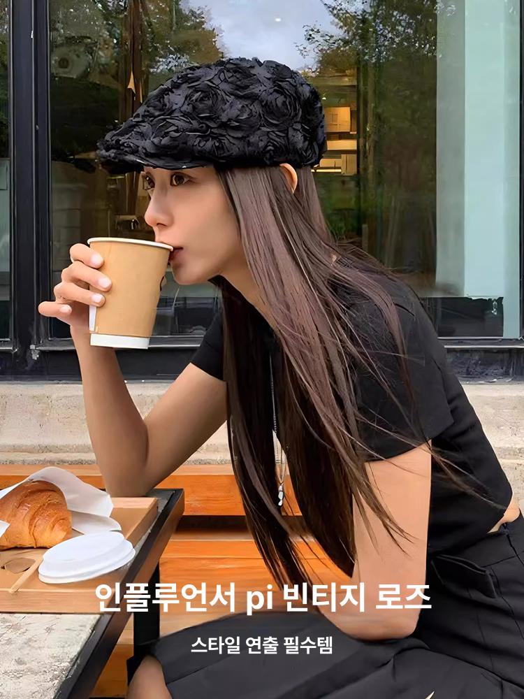복고풍 앞모자 장미꽃 빅사이즈 화가 베레모 유니크한 디자인 여름 의류 트렌디 모자 - 상세 이미지 3