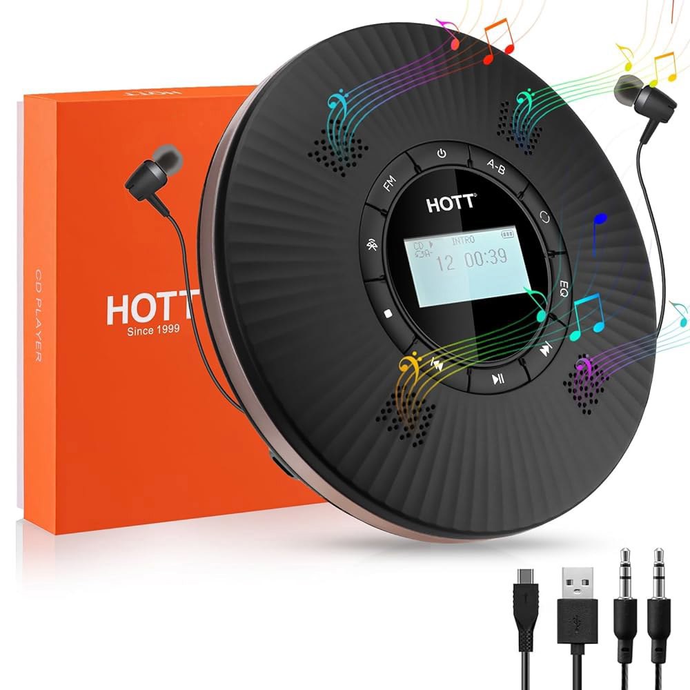 HOTT 휴대용 CD 플레이어 실버 CD플레이어 투명 버튼 차량용 탁상용 클래식 블랙 스피커 내장형 - 상품 이미지