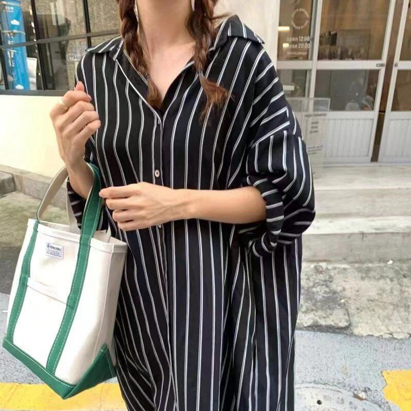 여성 봄가을 스트라이프 빅사이즈 캐주얼 루즈핏 카라넥 셔츠형 원피스 긴팔 간절기 - 상세 이미지 3