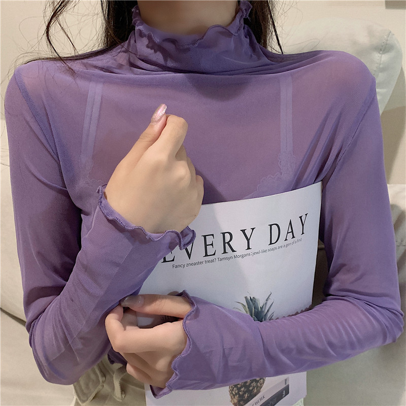 하객룩 물결 긴팔 워킹맘 망사 시스루 블라우스 보라색 - 상품 이미지