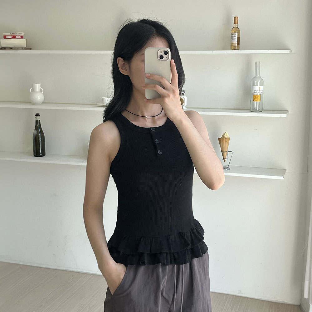 프릴나시 캉캉블라우스 헨리넥 골지 나시티 블랙 이미지 7