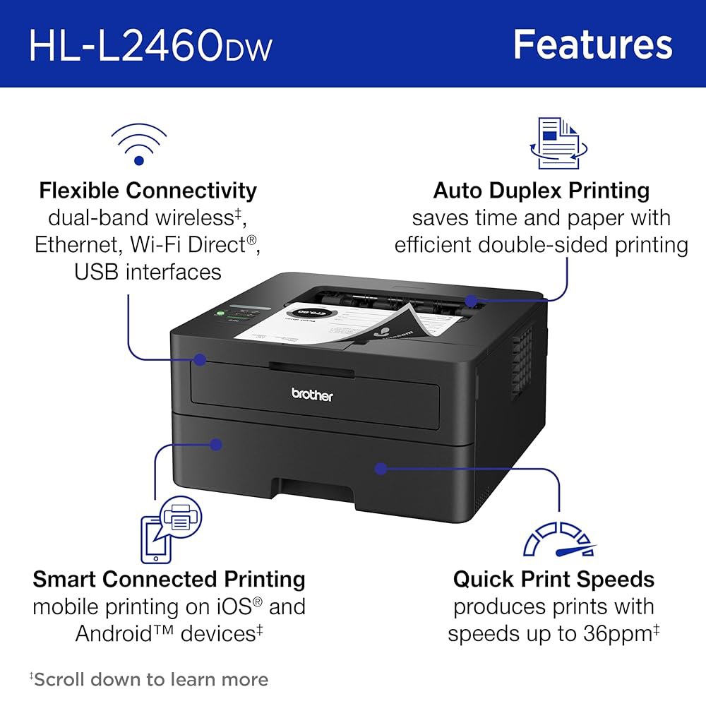 양면 인쇄, 모바일 흑백 출력이 가능한 브라더 HL-L2460DW 무선 컴팩트 모노크롬 프린터 | 레시 구독 평가판 포함 (1), Alexa와 협력 ( ) 1 Printer - 상세 이미지 3