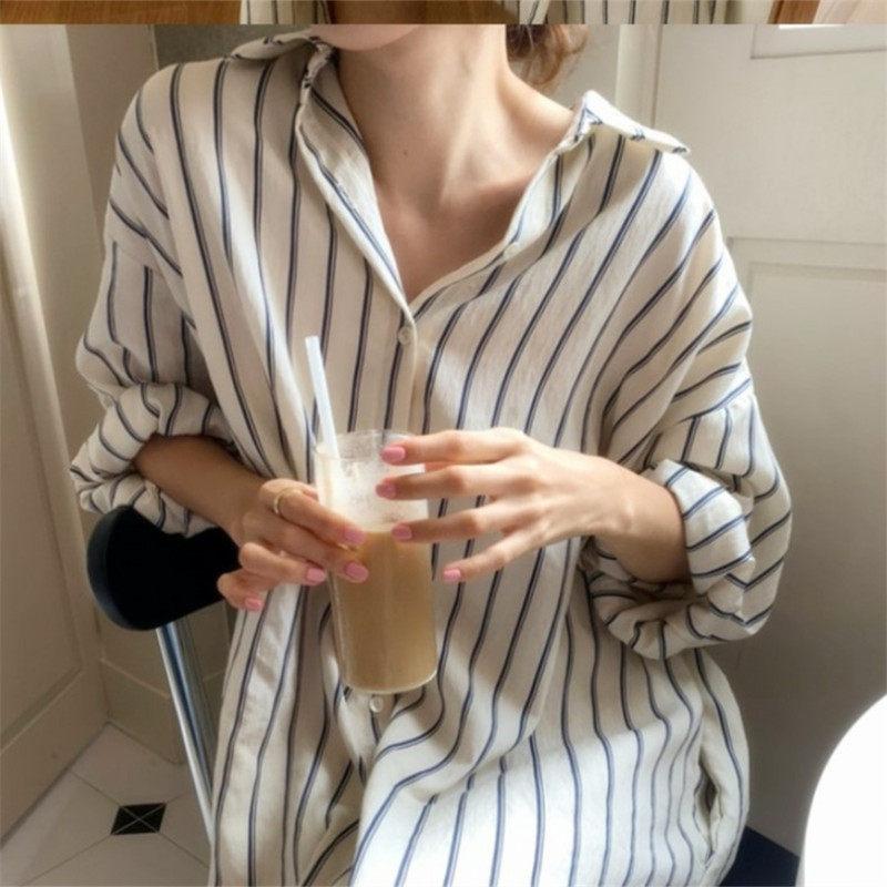 여성 봄가을 스트라이프 빅사이즈 캐주얼 루즈핏 카라넥 셔츠형 원피스 긴팔 간절기 - 상세 이미지 4