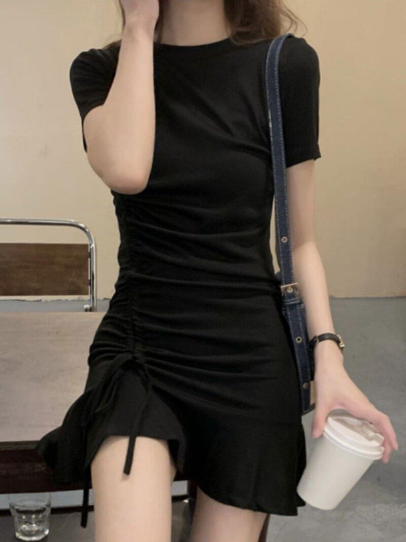 롱 레이어드 셔링 슬림 홀복 페미닌 슬립 사이드 미니 일상 패션 티셔츠 반팔 원피스 - 상세 이미지 4