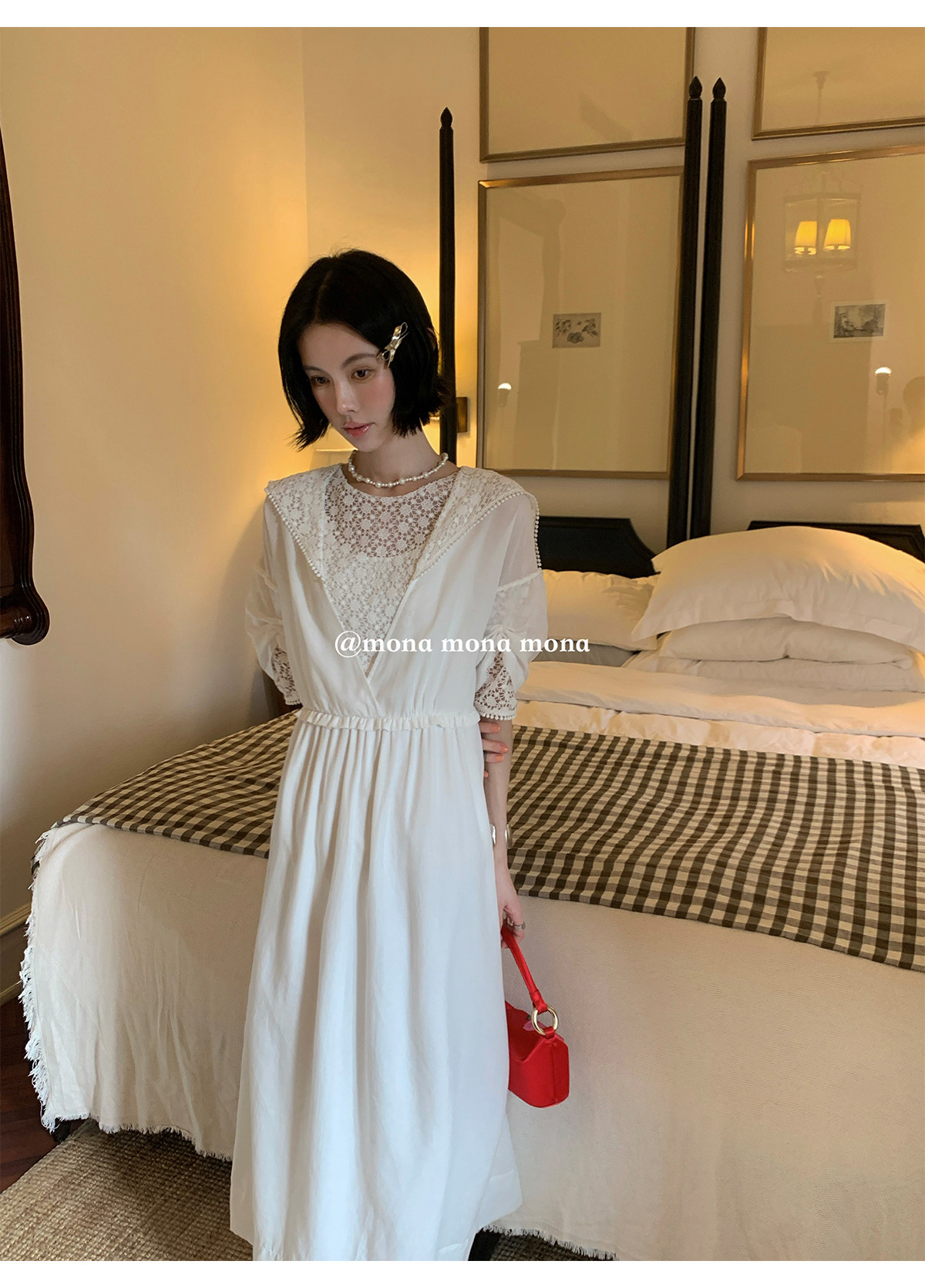 Mona 레이스 자수 여성 롱원피스 린넨 화이트 봄 여름 원피스 이미지 6