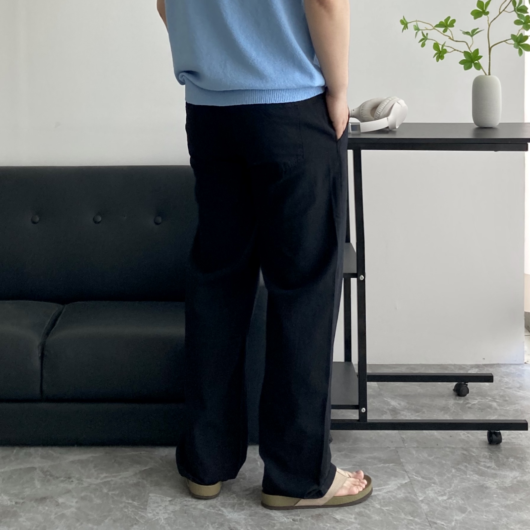 남자린넨바지 하일 사방슬랍 와이드면바지 쿨링 밴딩 와이드팬츠 S-3XL - 상세 이미지 3