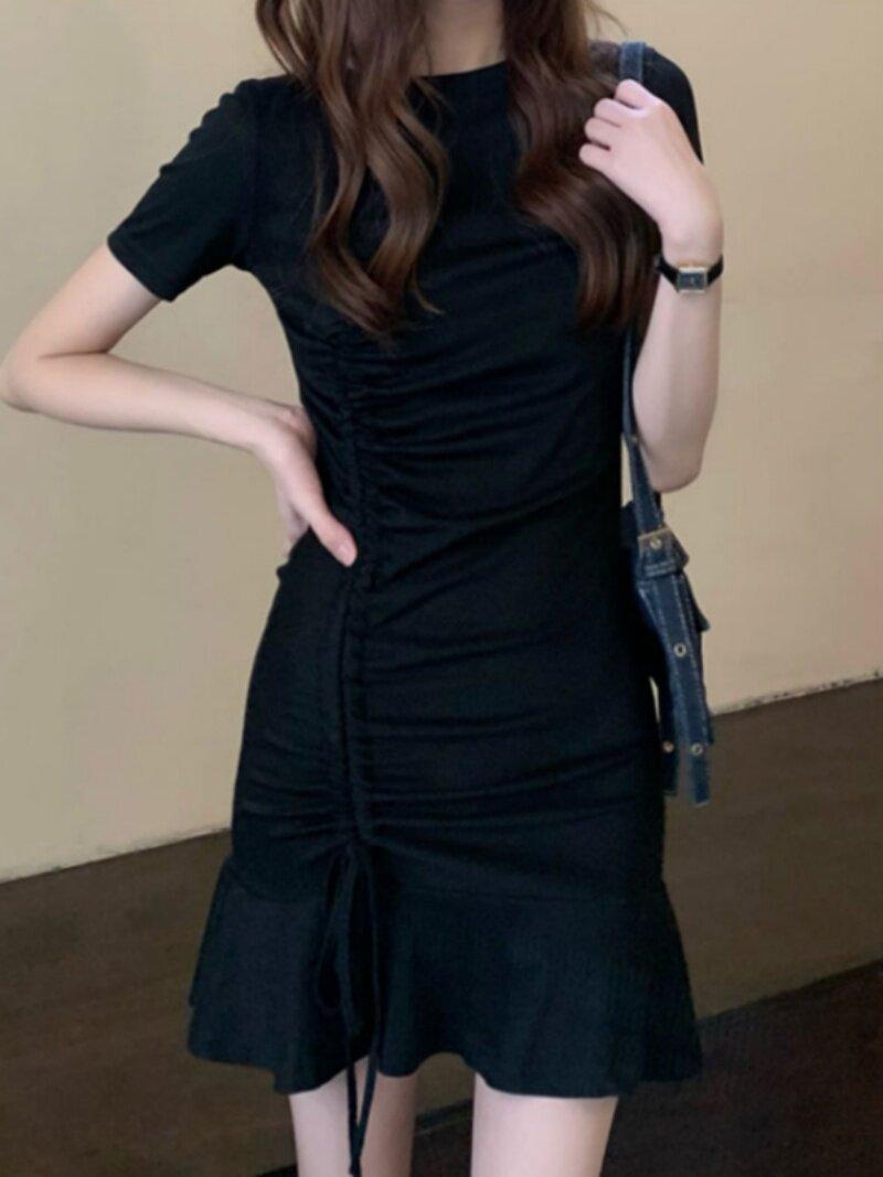 롱 레이어드 셔링 슬림 홀복 페미닌 슬립 사이드 미니 일상 패션 티셔츠 반팔 원피스 - 상세 이미지 3