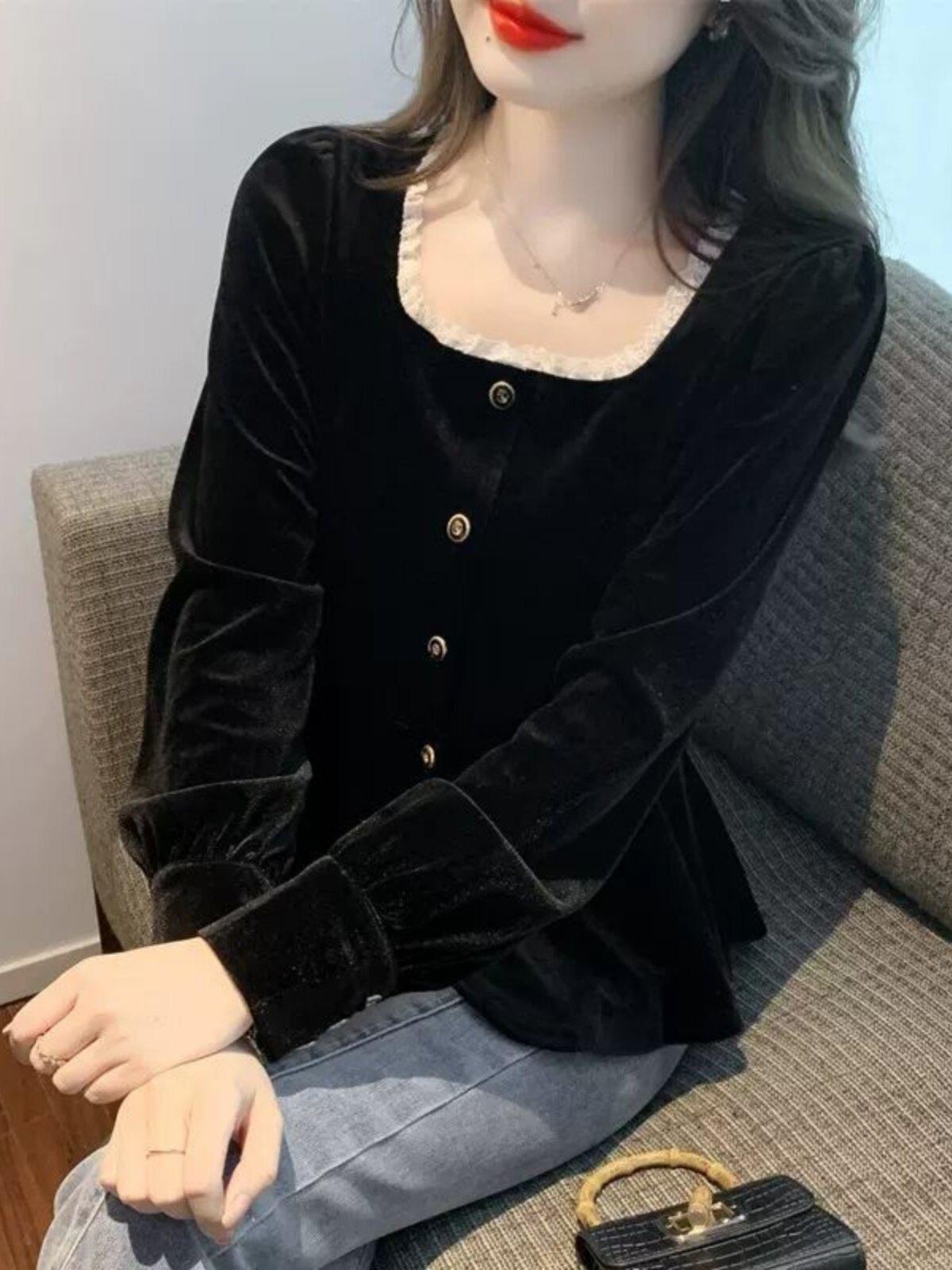 여성복 방형 칼라 여성 빅사이즈 레이스 벨벳 금사 트렌드 스타일 블라우스 소프트 긴팔 셔츠 - 상품 이미지