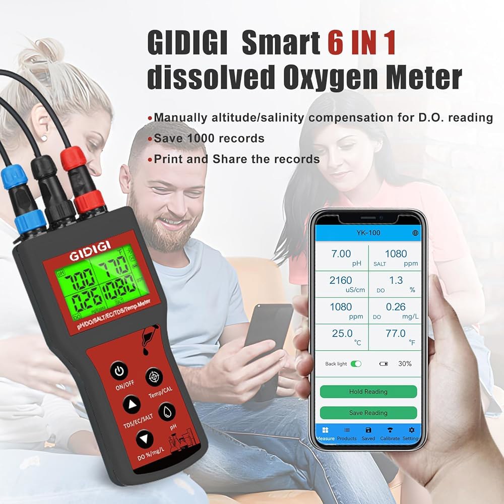 GIDII 용존 산소 측정기 pH 미터 6 in 1 스마트 DO 염도 TDS EC 수경 검사기, 수족관 물 검사용 보정 키트 포함 수조 검사기 연못 모니터 양조 Red - 상세 이미지 3