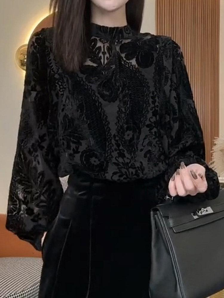 펀칭 자수 레이스 메쉬 캐주얼 루즈핏 빅사이즈 트렌디 블라우스 시스루 긴팔 - 상세 이미지 2