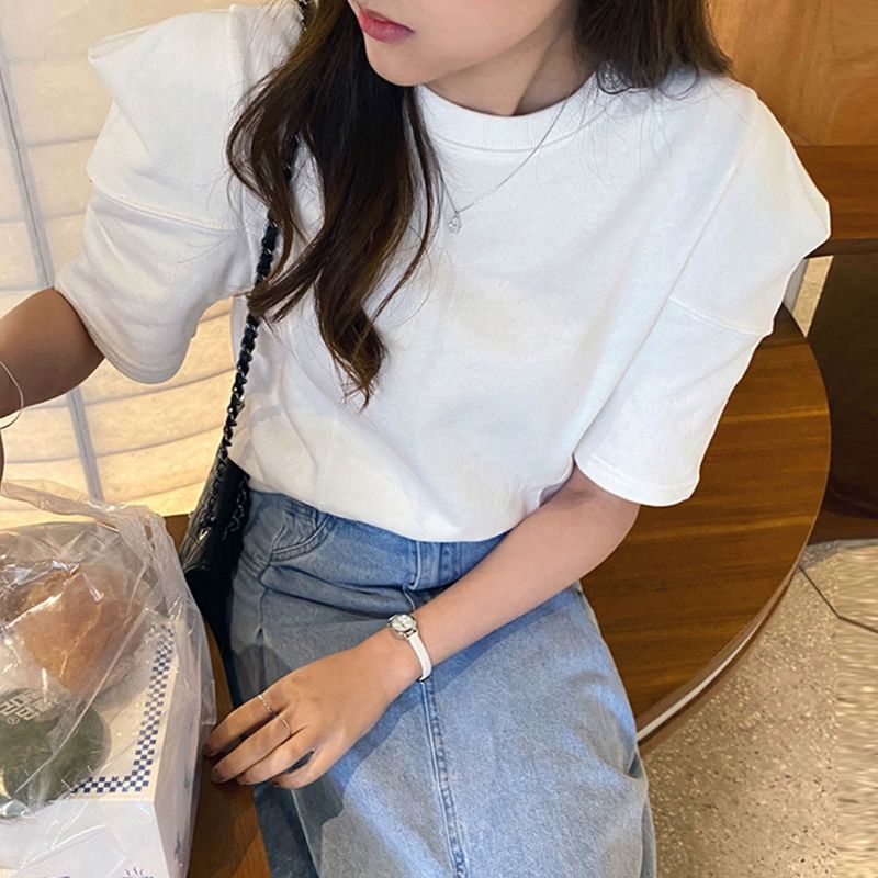 슬림 룩 반팔티 화이트 티셔츠 퍼프 감각적인 코디 고급스러운 룩  - 상세 이미지 3