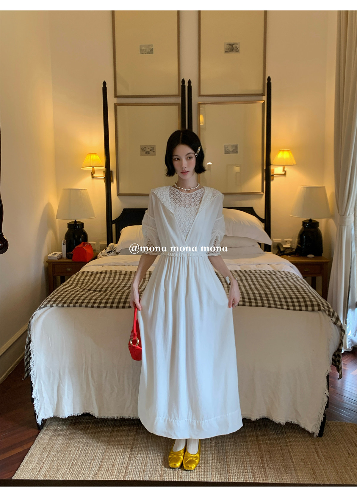 Mona 레이스 자수 여성 롱원피스 린넨 화이트 봄 여름 원피스 이미지 7