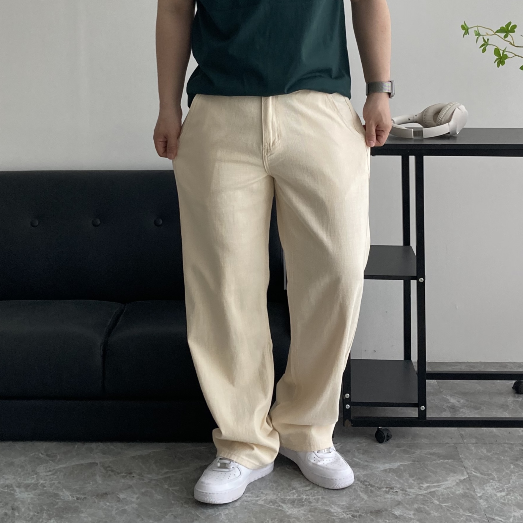 남자린넨바지 하일 사방슬랍 와이드면바지 쿨링 밴딩 와이드팬츠 S-3XL - 상세 이미지 2