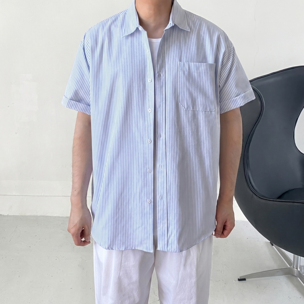 여름 오버핏 남자 스트라이프 옥스포드반팔셔츠 옥스퍼드 캐주얼남방 - 상세 이미지 5