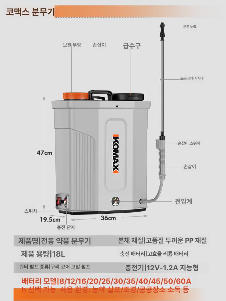 농약분무기 충전식 전동 자동 12A 고압 농업용 18L 디럭스 3단 스위치 35Ah - 상세 이미지 5