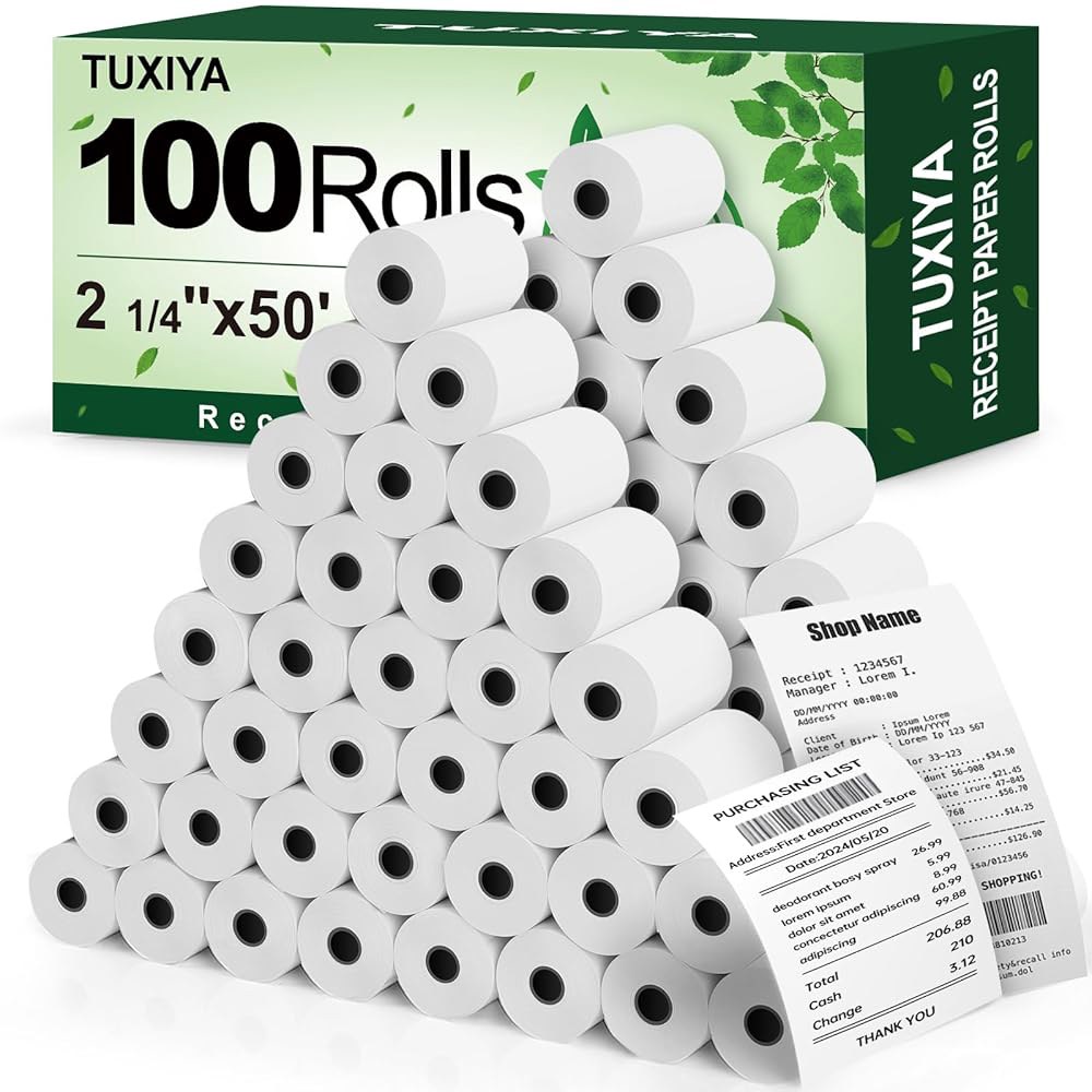TUXIYA 2 1/4 x50 열지 영수증 롤, 열 프린터 용지 100롤, BPA 프리 모든 58mm POS 프린터, 프리미엄 품질 롤에 맞습니다 100 Rolls - 상품 이미지