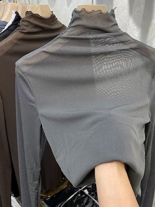 긴팔 터틀넥 목폴라 빅사이즈 폴라티 레이스 시스루 망사 가을 이너 여성 티셔츠 - 상세 이미지 2