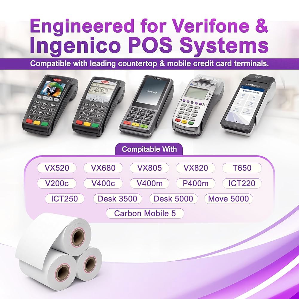 VX520 VX680 T650 V400m ICT220 ICT250 데스크 3500 이동 5000 신용카드 기계용 Verifone & Ingenico 열 종이 롤 2 1/4 x 55 - 상세 이미지 3