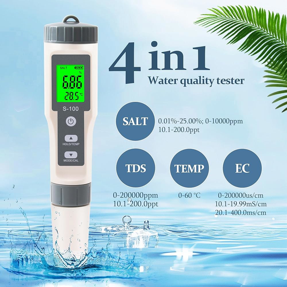 TDS 미터, 4 in 1 물 테스트기 / 소금 템프 EC LCD 백라이트가 장착된 고정밀 미터 디지털 테스트기, 수경 재배, 와인, 수영장 및 수족관용 풀 테스트 키트 염도 - 상세 이미지 2