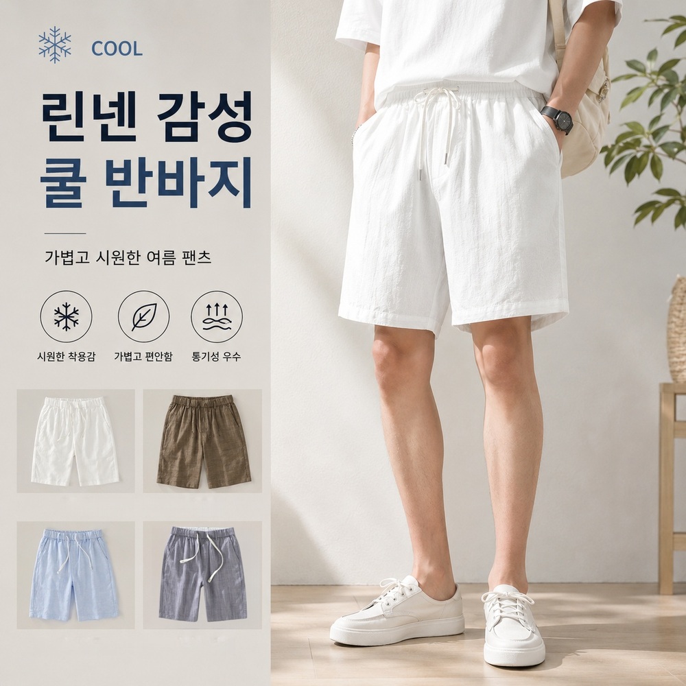 남성 여름 라이셀 린넨 반바지 냉감 밴딩 와이드 팬츠 - 상품 이미지