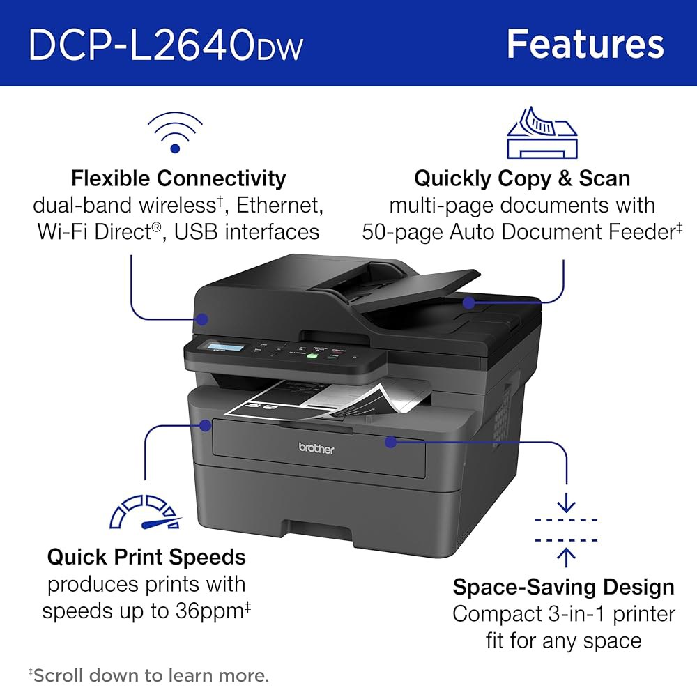 복사 및 스캔, 듀플렉스, 모바일, 블랙 앤 화이트가 포함된 브라더 DCP-L2640DW 무선 컴팩트 모노크롬 다기능 프린터 | 레시 구독 평가판 포함 (1), Alexa와 함께 - 상세 이미지 3
