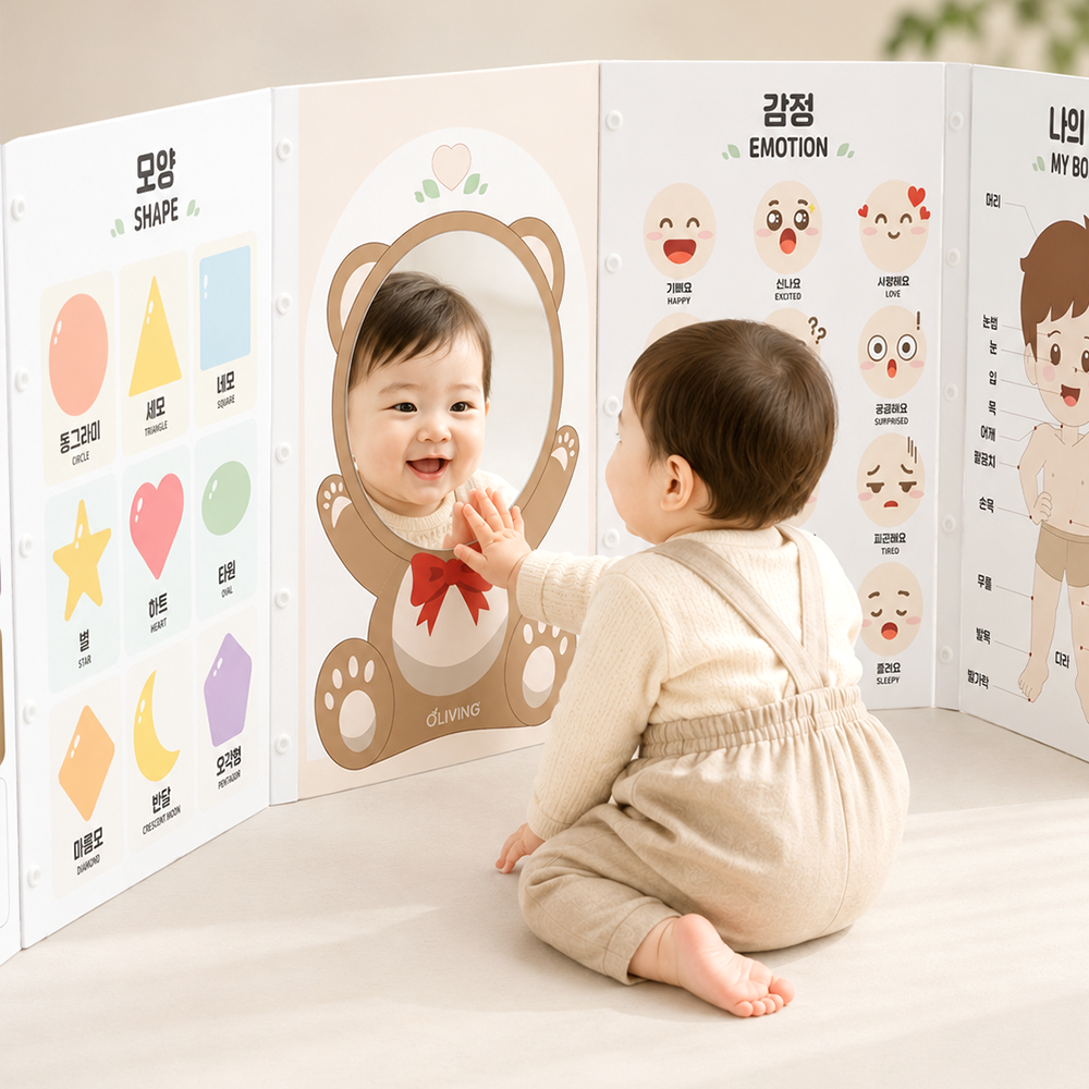 엄마랑 아기병풍 터미타임 유아 양면포스터 신생아 아기벽보 한글 병풍책 6단 거울포함 - 상세 이미지 5