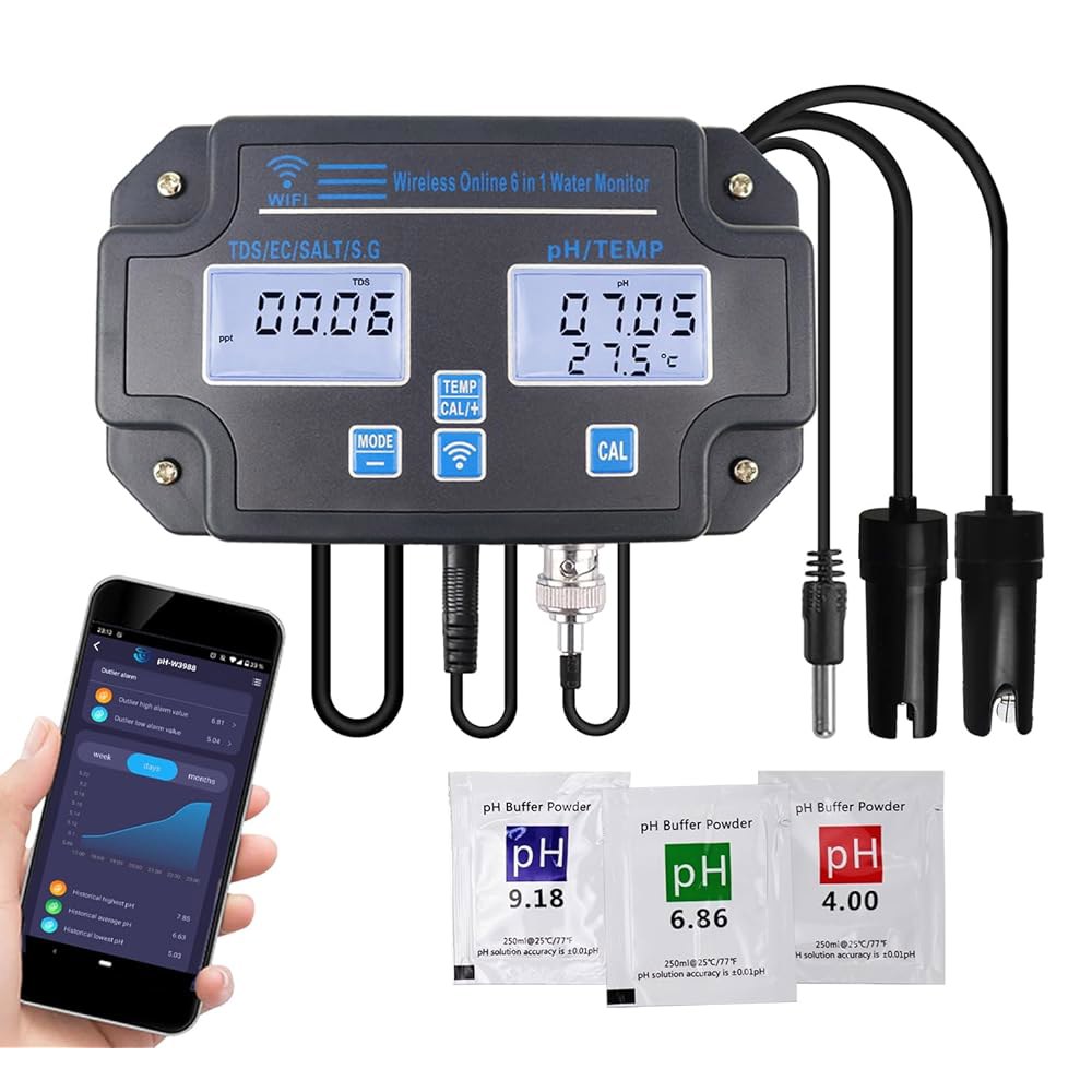 스마트 수질 검사기 6-in-1 pH /EC /TDS / 염도 /S.G 및 온도계(Wi-Fi 연속 모니터 벽걸이 워터 미터, ATC 수족관, 수경 재배를 위한 간편한 보정 기능 - 상품 이미지