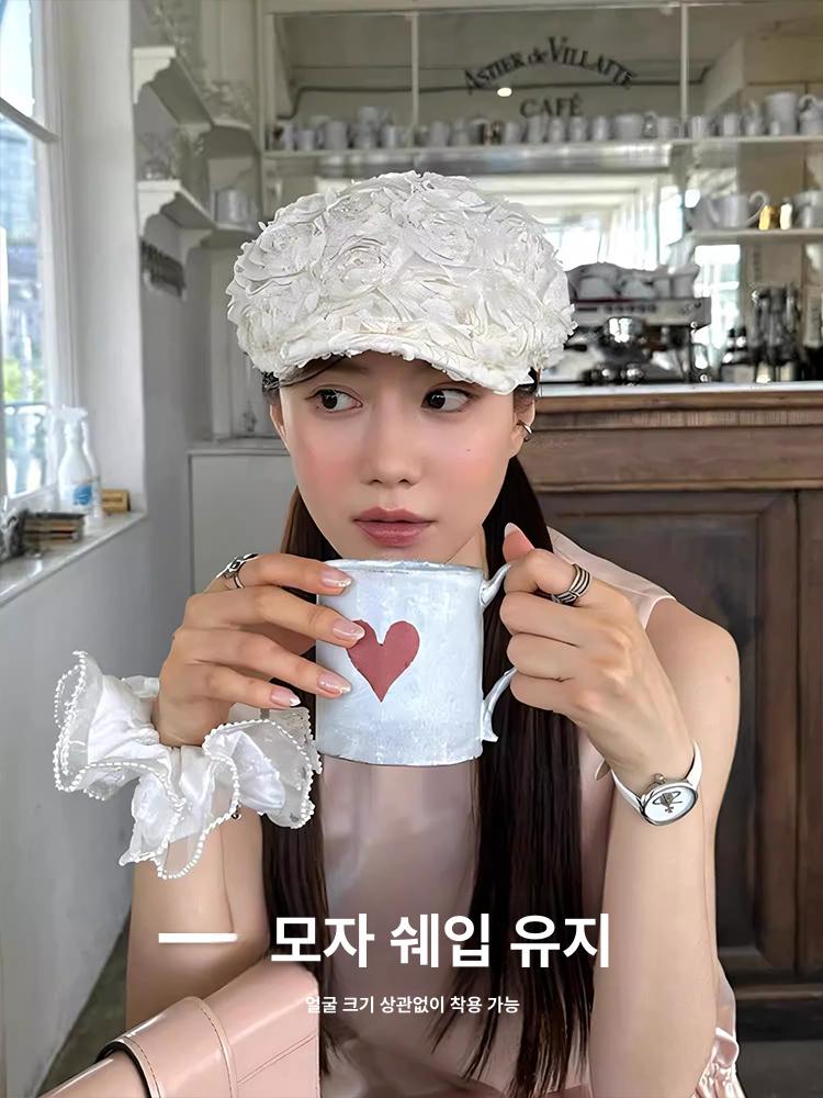 복고풍 앞모자 장미꽃 빅사이즈 화가 베레모 유니크한 디자인 여름 의류 트렌디 모자 - 상세 이미지 4