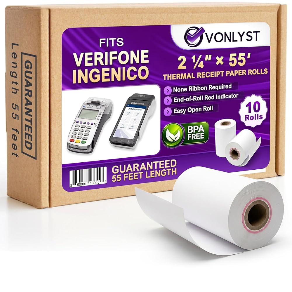 VX520 VX680 T650 V400m ICT220 ICT250 데스크 3500 이동 5000 신용카드 기계용 Verifone & Ingenico 열 종이 롤 2 1/4 x 55 - 상품 이미지